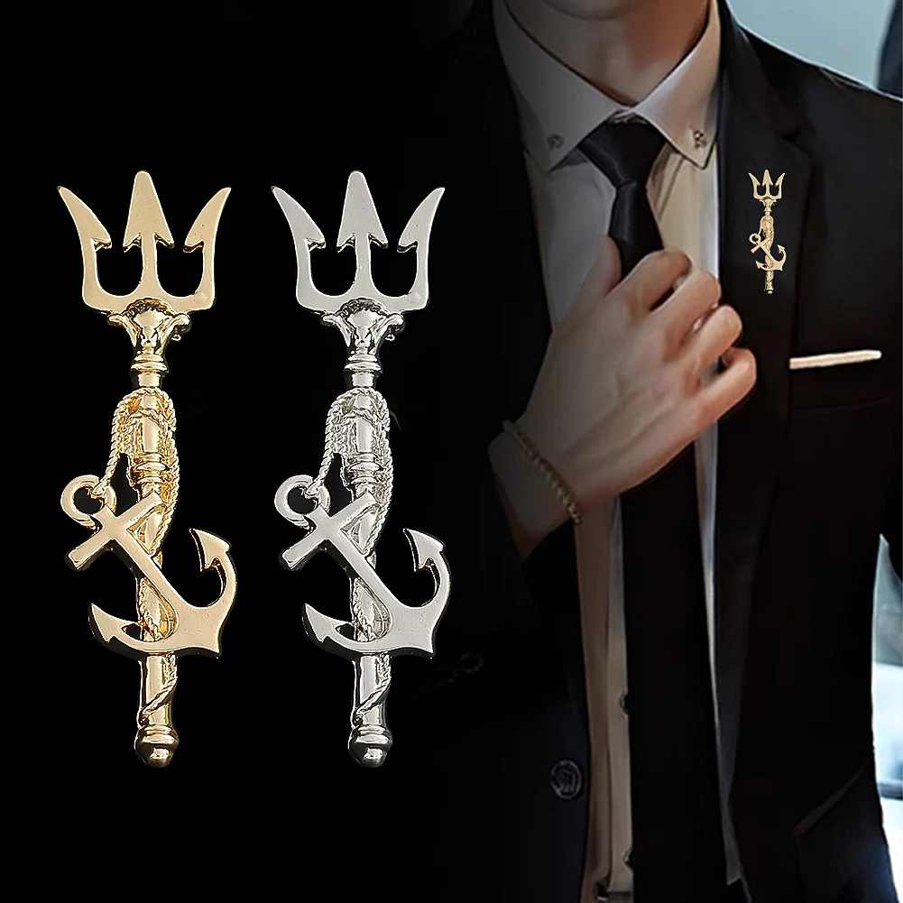 Trident Lapel Pin Brooch Metal Nautical Badge Collar Corsage Clothing Jewelry Decor Accessories for Suit Sweater Overcoat Gift