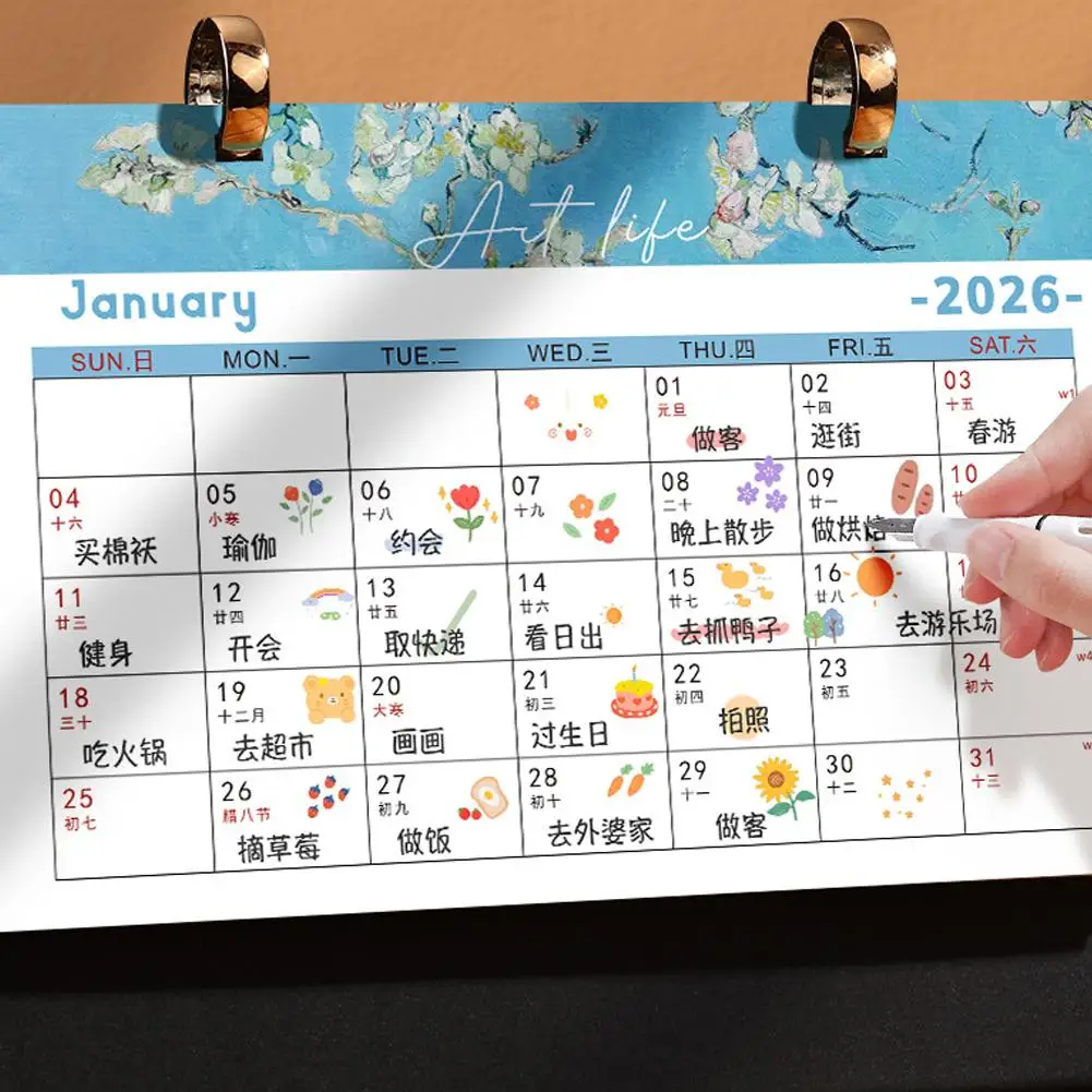 1Pc 2026 Bureaukalender Vintage Schilderij Kalender Met Memo Notities Maandelijkse Kalender Voor Home Office School Planning Organiseren
