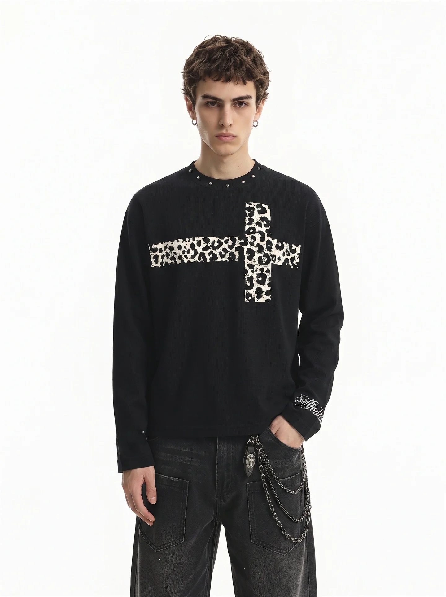 BETEBULE American Style Long Sleeve T-Shirt Leopard Print Waffle Texture Men's Vintage Light Cotton Short Wide Top