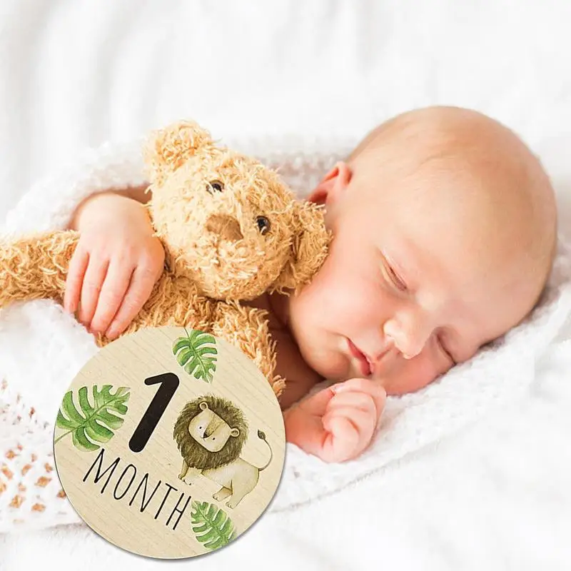 Monthly Milestones Wood Discs Wooden Baby Announcement Cards Baby Milestones Blocks 7 Pieces Double Sided Wooden Photo Prop