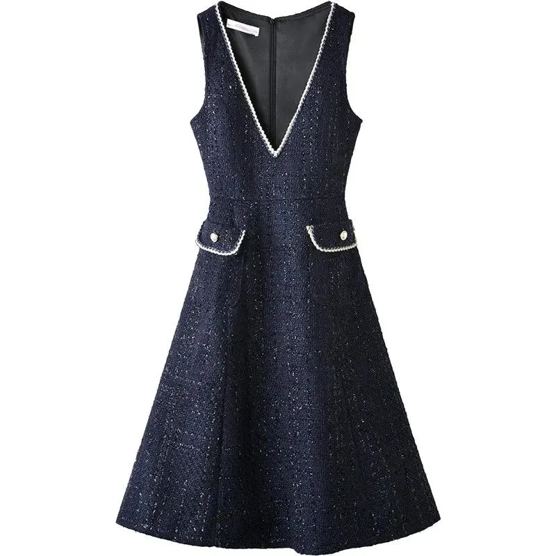 Woolen Strap Vest Dress Women Spring Autumn Small Fragrant Style Shiny Silk Sleeveless French Long Dress Ladies V-neck Vestido
