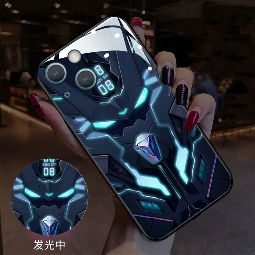 2024 Super Cool Mech Mask Design LED Light Glow Luminous Phone Case For iPhone 15 14 13 12 11 Pro Max X XR XS Plus 6 7 8 SE2020