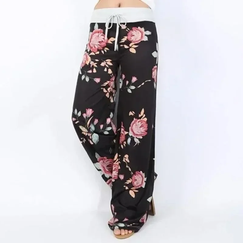 Pantaloni da donna a gamba larga, casual, alla moda, elasticizzati, stampati, con coulisse, senza cavallo, con cerniera nascosta, stile pigiama