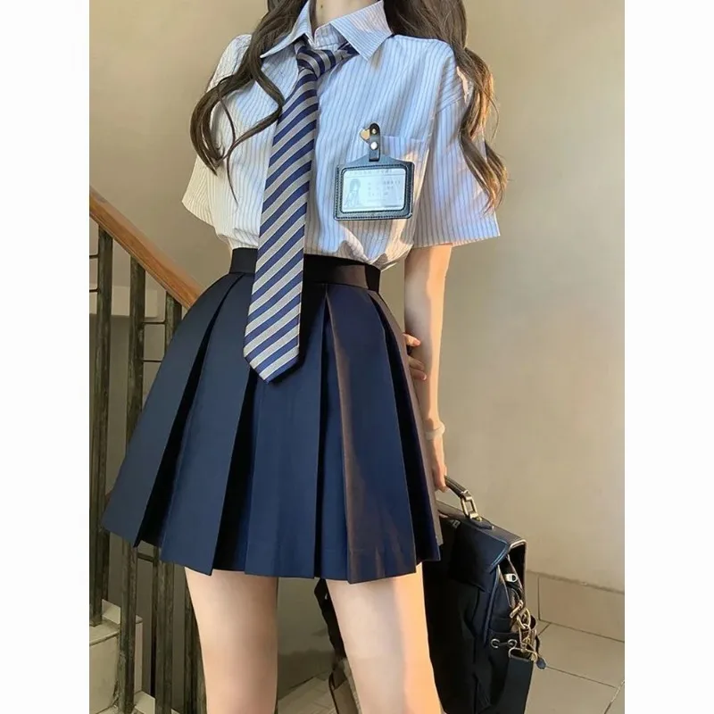 Camisas a rayas de estilo pijo japonés de verano para mujer con corbata señora JK Polo cuello Blusa de manga corta estudiante moda Joker Tops