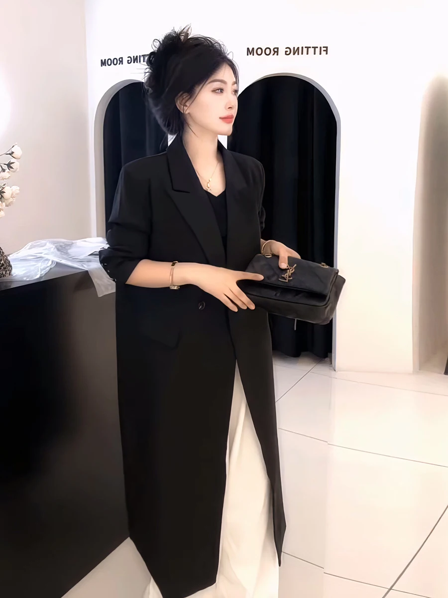 Novo Casaco Feminino Casual de Alfaiataria, Comprimento até o Joelho, Estilo para o Dia a Dia, Caimento Solto, Manga Longa, Primavera Outono 2025