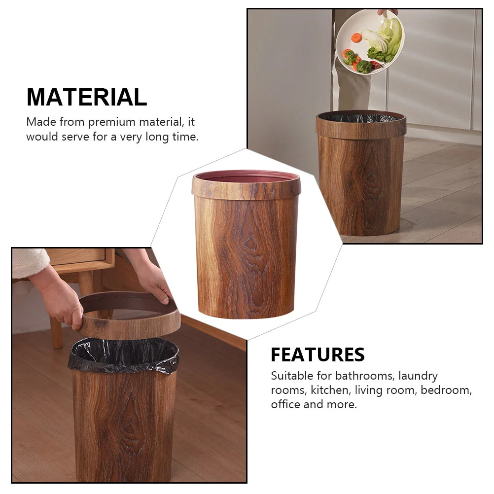 Wood Grain Trash Can Garbage Container Simple Basket with Lid Car Decor Rubbish Holder for Home Cover Uncovered Waste Bin