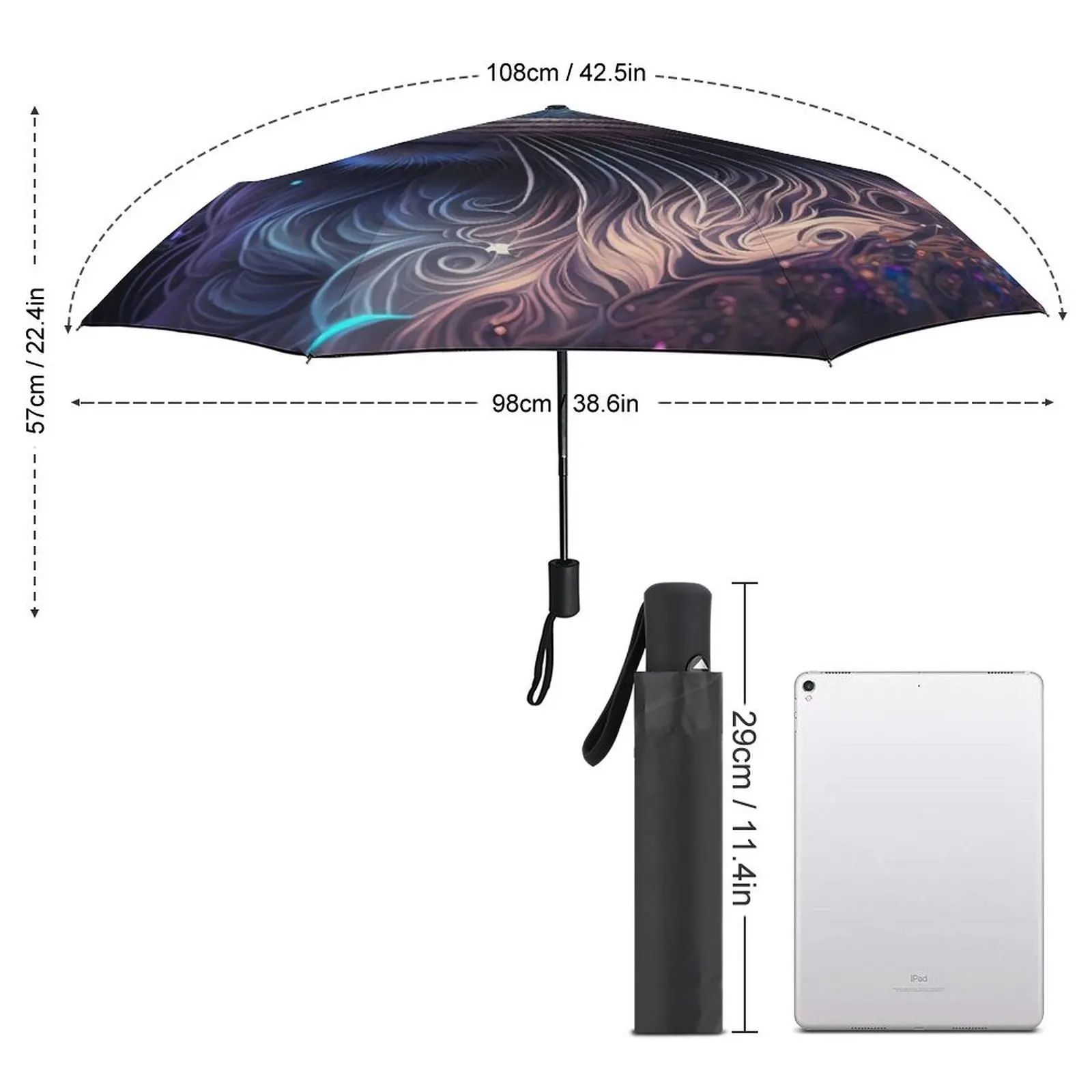 Psychedelic Cat 3 Fold Automatic Umbrella Sparkles Light Black Coat Umbrella Portable Wind Resistant Umbrellas for Men Women