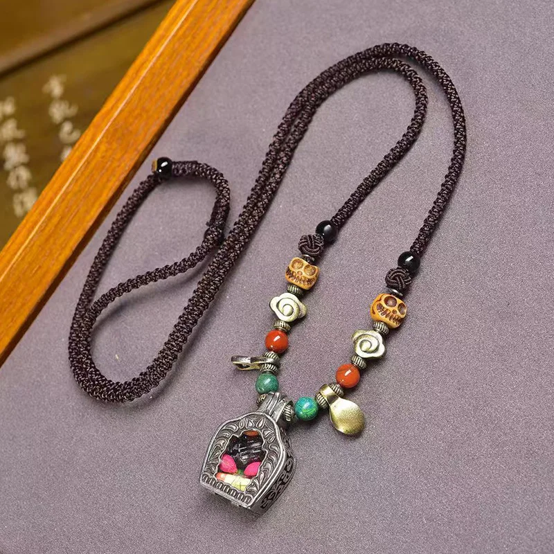 Tibetan Style Old Copper Gawu Box Pendant Sweater Chain Agate Turquoise Backflow Bone Accessories Handmade Woven Rope Necklace