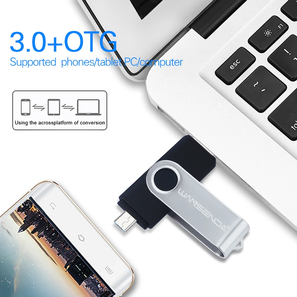 WANSENDA ไมโคร USB แฟลชไดร์ฟ OTG ไดรฟ์ปากกา256GB 128GB 64GB 32GB โลหะ Pendrive 2ใน1 USB 3.0หน่วยความจำ
