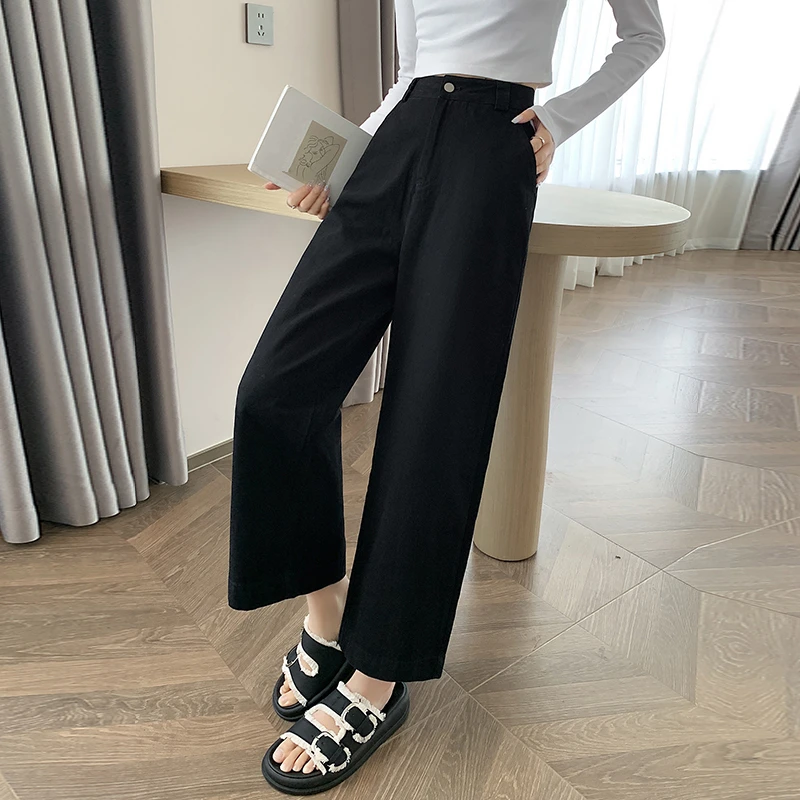 Seoulish Autumn New Ankle Length Women\'s Pants High Waist Straight Wide Leg Pants for Women Casual Lady Cotton and Linen Pants