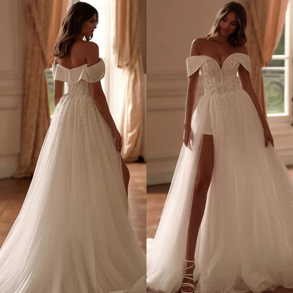

Customized Pure White Organza Wedding Dress Sexy Strapless Front Slit Bridal Party Classic Zipper Back Sleeveless Bridal Gowns