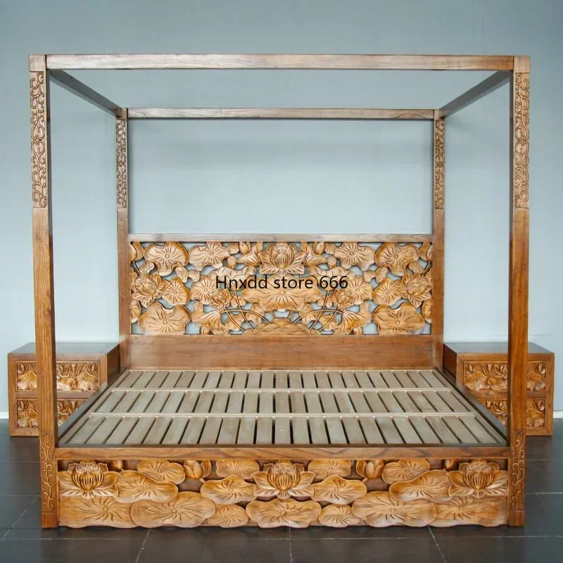 South East Asia Wind Solid Wood Thai Wood BD269-7 Chinese Four-pillar Carved Shelf Bed