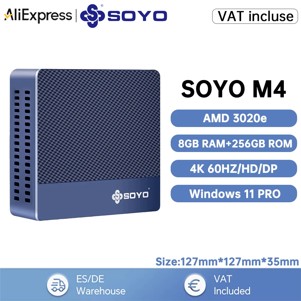 كمبيوتر صغير SOYO M4 مع وحدة المعالجة المركزية AMD 3020E 8GB DDR4 RAM 256GB M.2 SSD، كمبيوتر مكتبي صغير يدعم Dual 4K USB3.2 Win11 Pro للمكتب