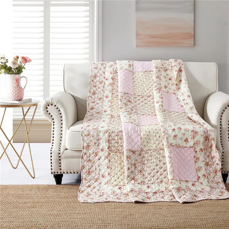 100% Cotton Patchwork Quilt Full Size Pink Floral Bedspread Coverlet Reversible Home Bed Cover Shabby Chic Quilted Blanket Throw