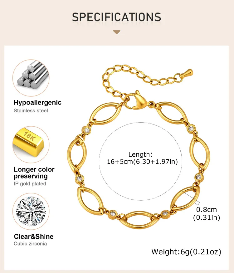 Geometrisches Gliederarmband für Damen, 18K vergoldete Edelstahlkette mit Zirkonia, wasserdichter stapelbarer Schmuck – Detail 3