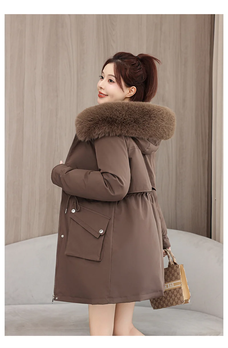 2026 New Winter Coat Down Padded Jacket Women Parkas Fur Collar Thick Hooded Cotton Coats Black Casual Outerwear Female Clothes