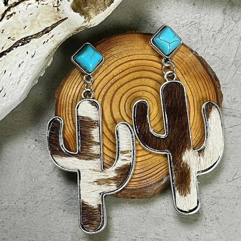 New Vintage Ethnic Style Ear Rings Cowhide Alloy Cactus Turquoise Western Cowboy Earrings Quality Horse Hair Leopard Earrings