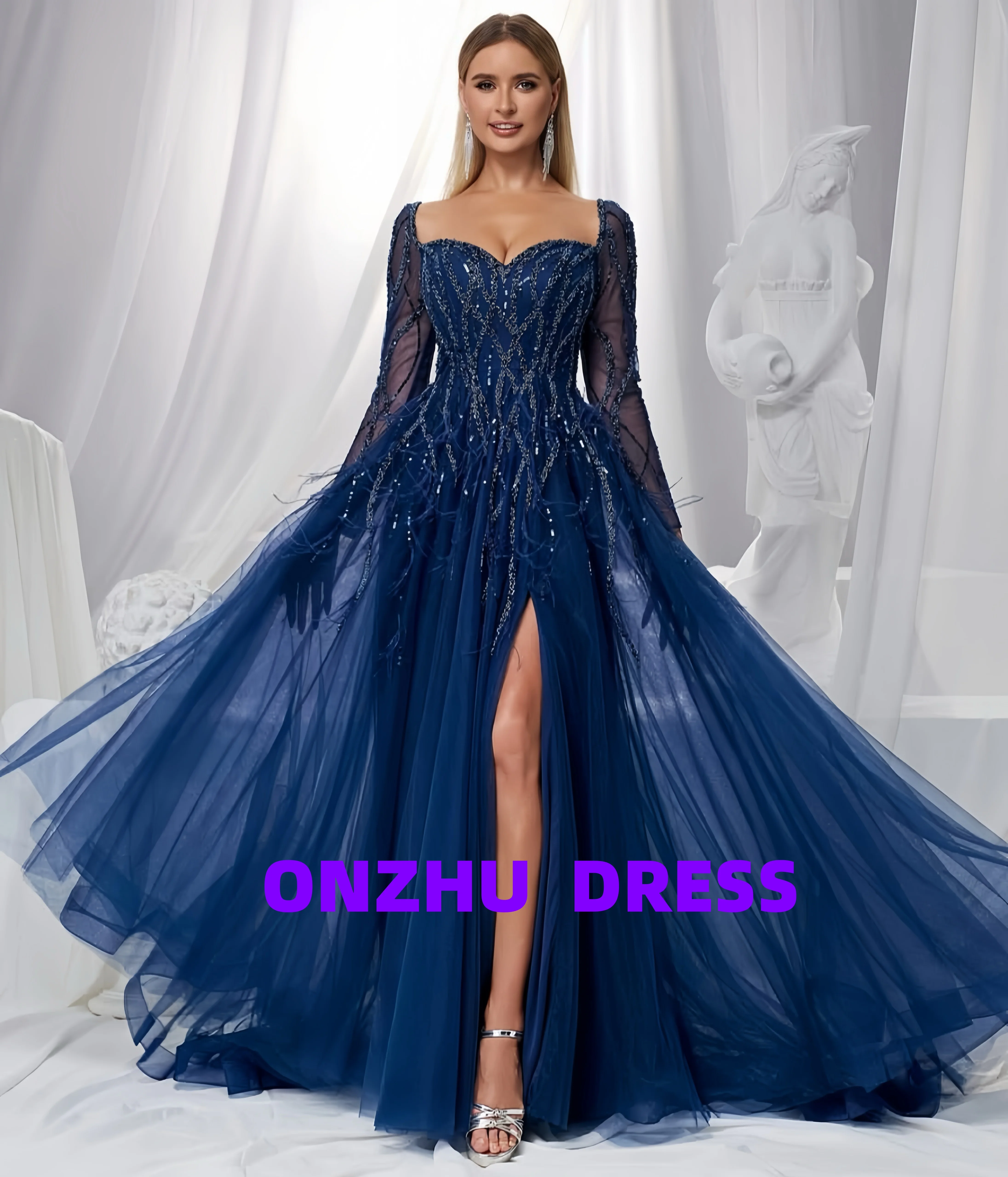 Aangepaste Zoete kraag lange mouwen A-LIJN elegante avondjurken luxe robes de soiree vestidos de gala vestidos de gala Par