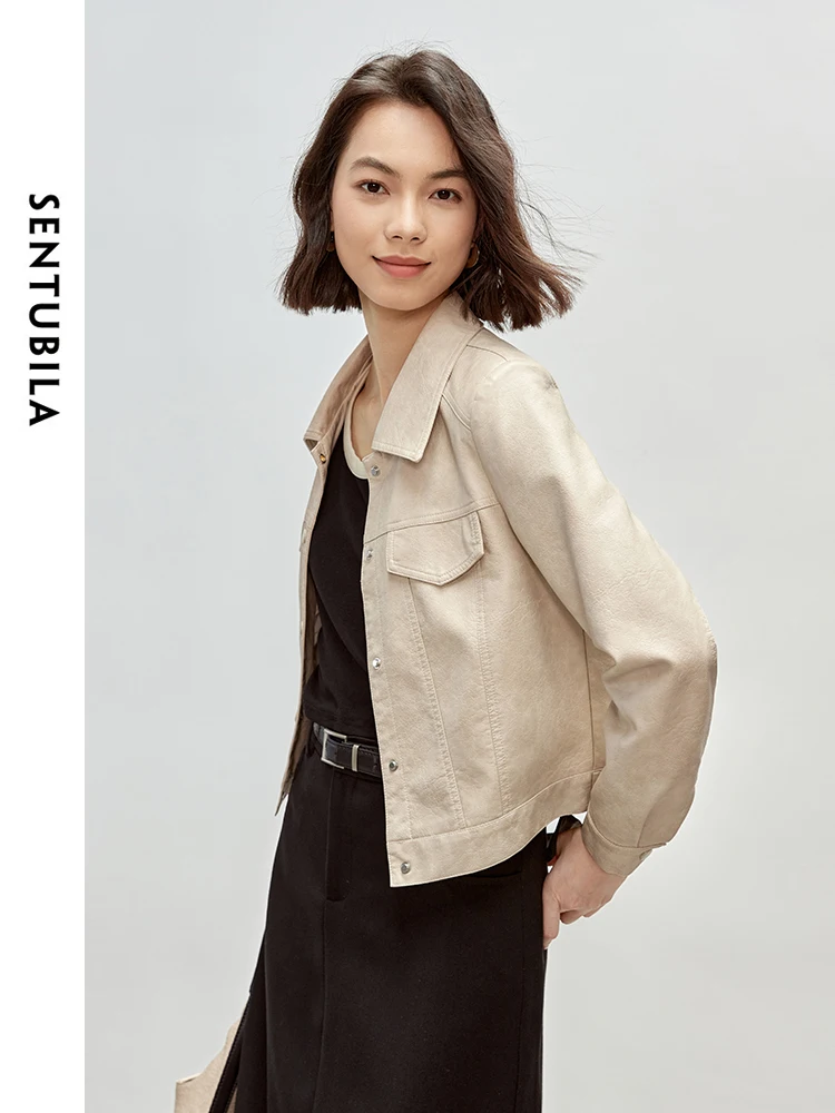 SENTUBILA Women Retro Faux Leather Cropped Jackets 2025 Autumn Casual Turn Down Collar Long Sleeve Moto Outerwear W43G56294