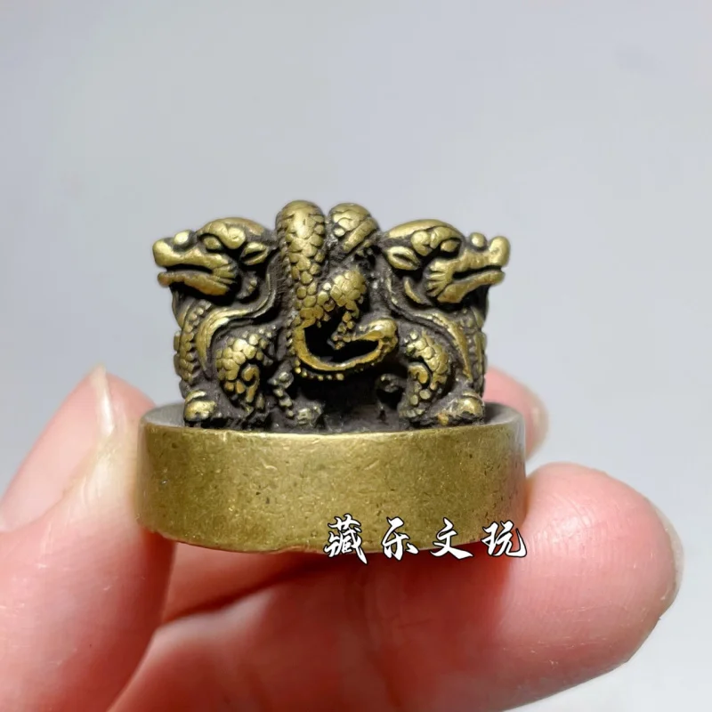 Antique Bronze Solid Pure Copper Double Round Small, Vintage Brass Dragon Seal
