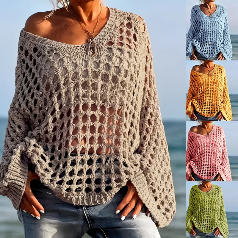 2026 Women's New Summer Trend Casual Solid Color Sexy Hollow Knitted Sun Protection Shirt Vacation Knitted Sweater for Women