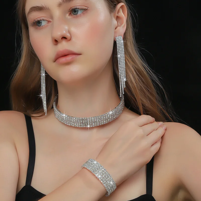 

European and American Cross-Border Jewelry Multi-Row Rhinestone Necklace Earrings Bracelet3Fashionable Bridal Set Dress Accessor