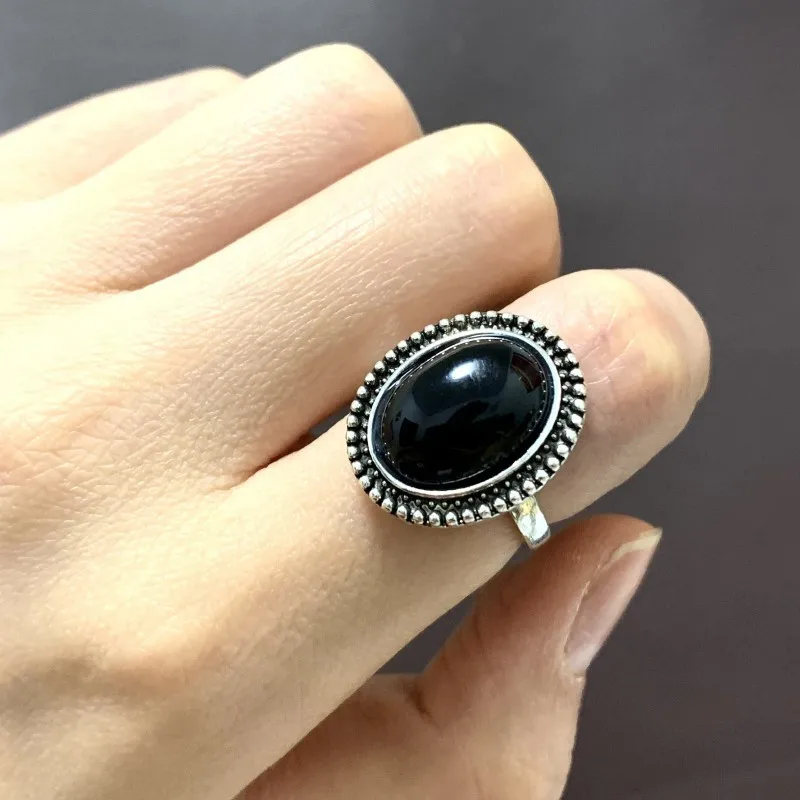 Boho Dark Black Ring Exaggerated Round Agate Stone Anniversary Birthday Gift For Female Luxurious Jewelry For Evening Party