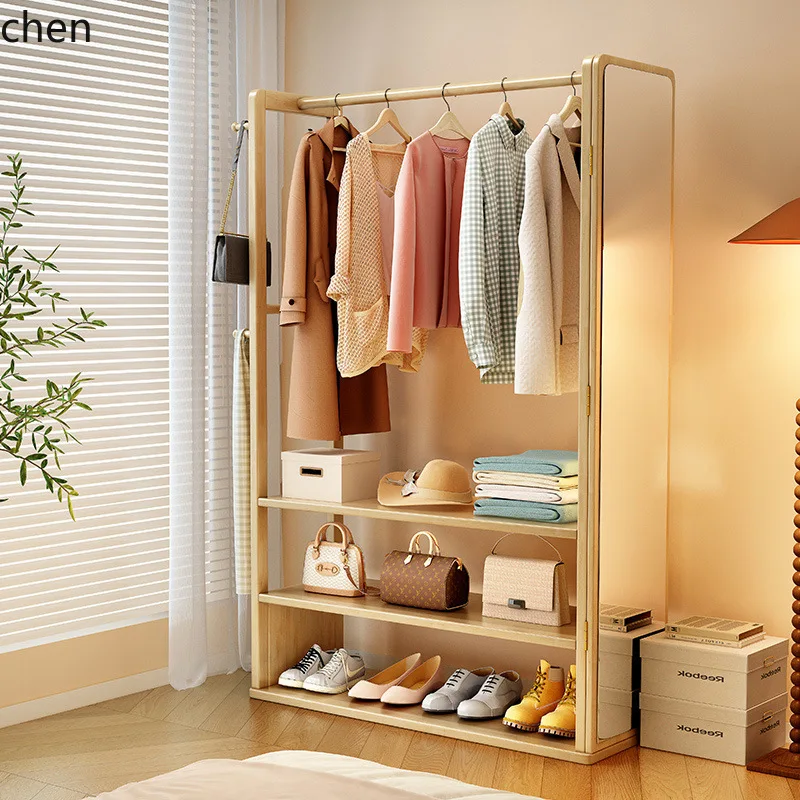 LYY  Solid Wood Dressing Mirror Coat Rack Floor-standing Multi-functional Storage Clothes Rack