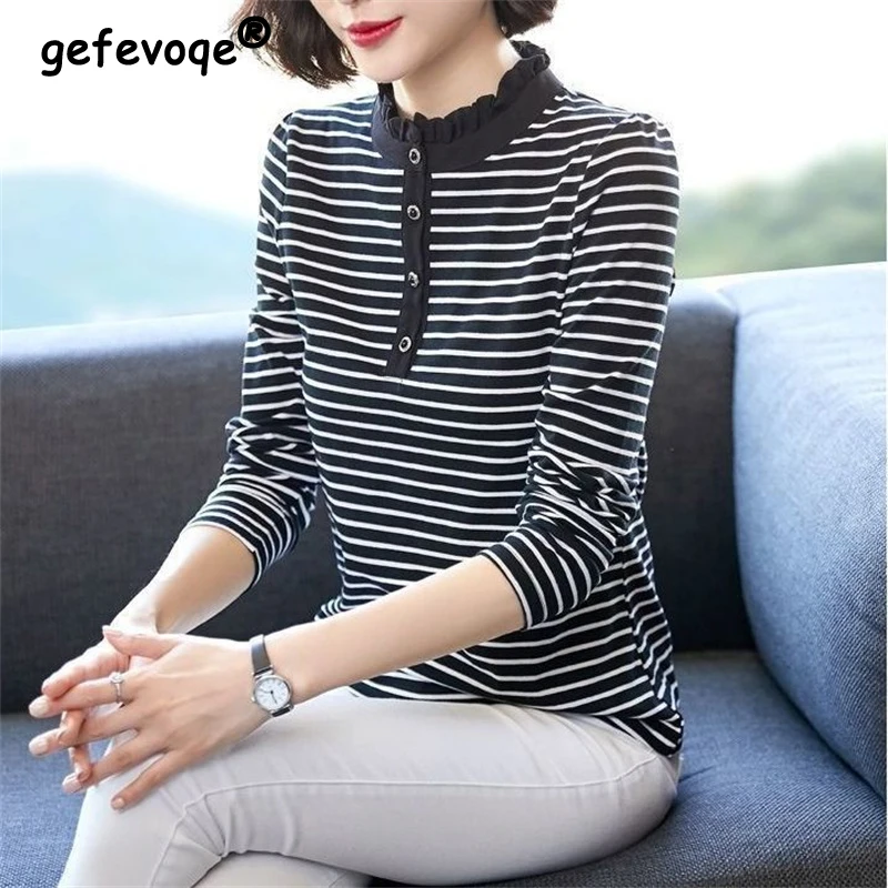 Long Sleeve Women Casual Shirts 2022 Striped Blouse Button Tops Elegant Office Lady Autumn Stand Collar Pullover Female Tee 2022