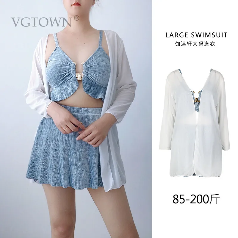 2026 New 3PCS Plus Size Two Piece Korean Swimsuit Women Long Sleeve Cover Up Pleate Dress Swimwear beach Bathing Suit Holiday