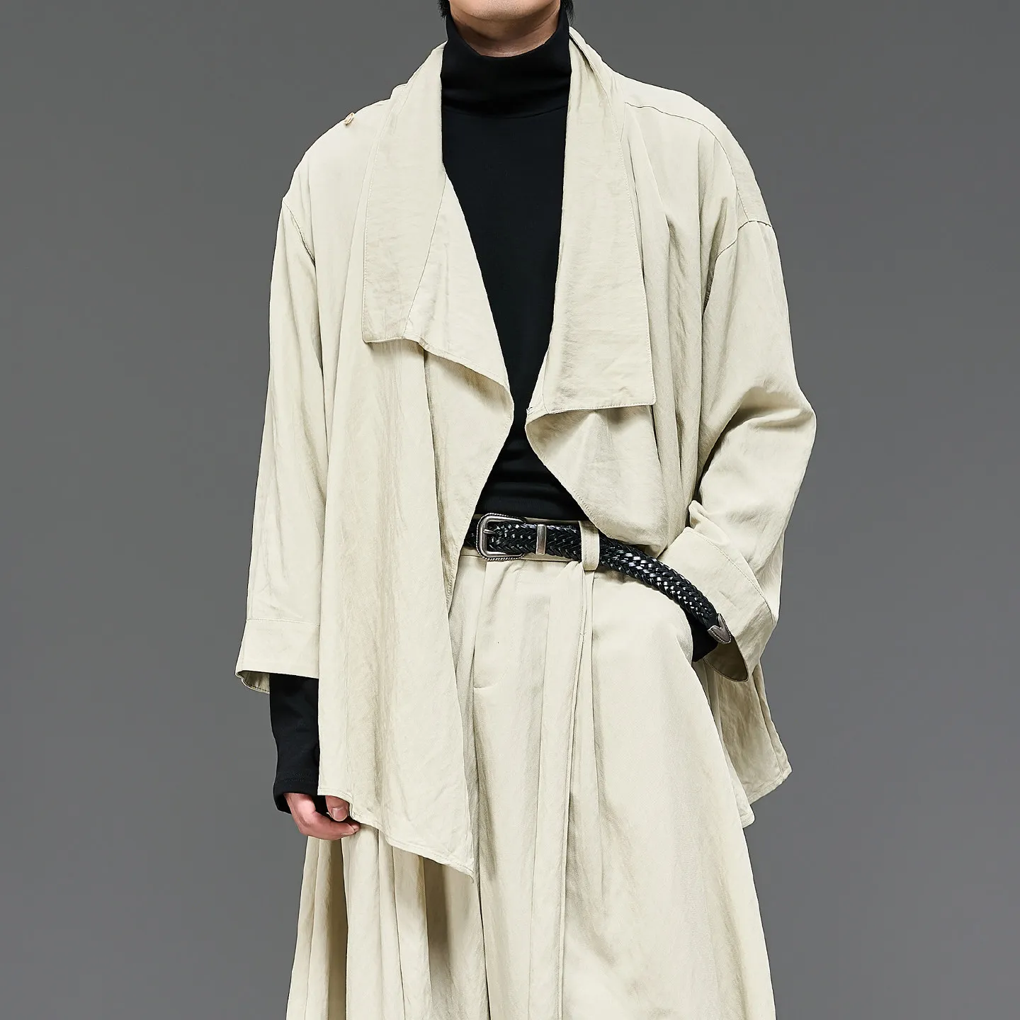 Japanese-Style Retro Cardigan Robe Suit Men's Spring and Autumn Apricot Simple Black Cut Loose Jacket Coat