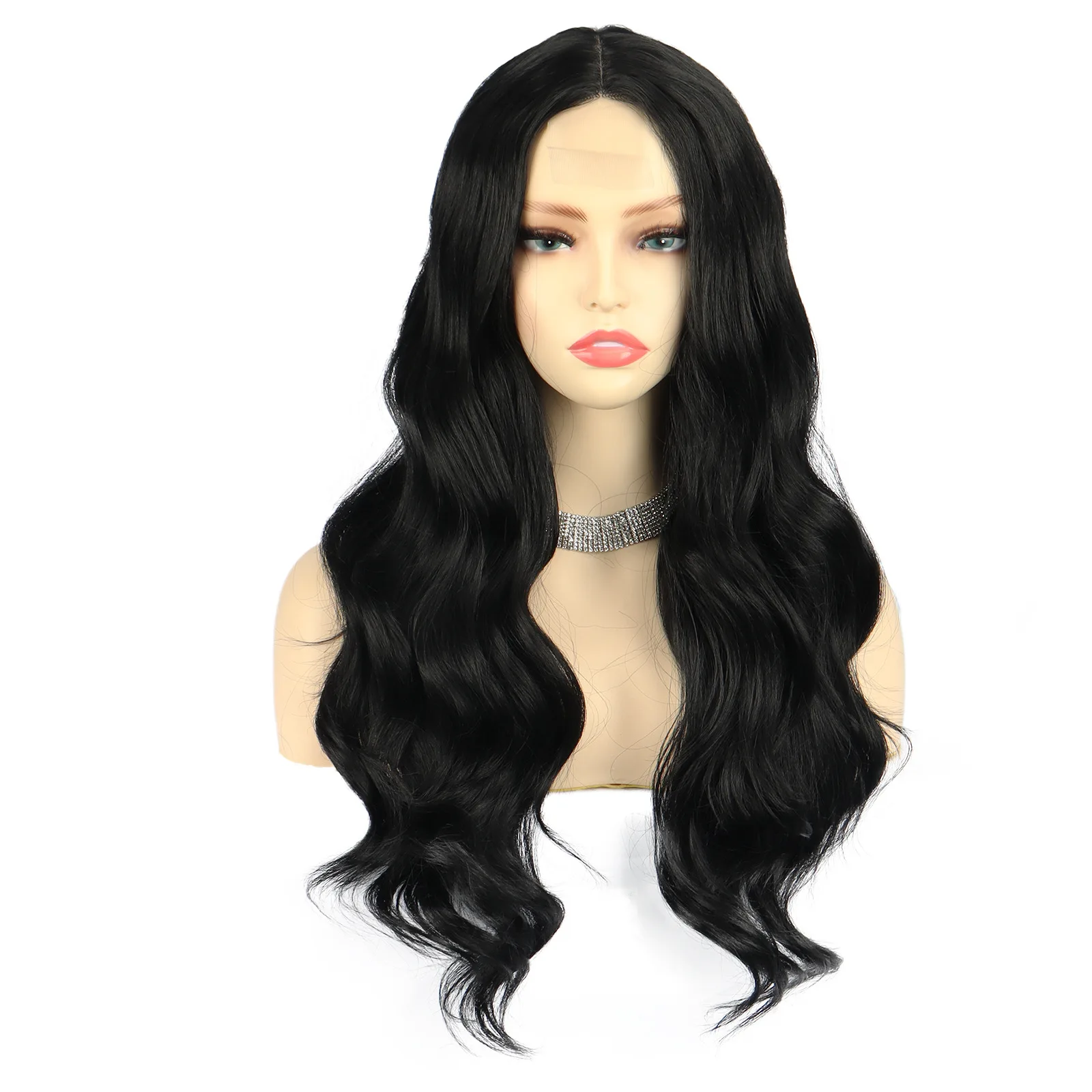 Women\'s Black Long Curly Hair Chemical Fiber Headwear Glueless lace wig