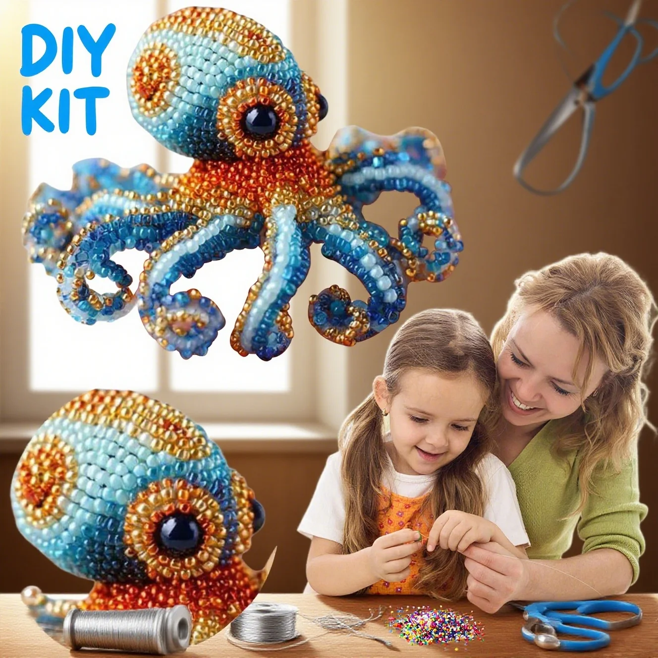 DIY-Perlenarbeit-Bastelset, anfängerfreundliches Oktopus-Perlenarbeitsset, Meeresbewohner, Perlenstickerei, Stressabbau für Arbeitszimmer und Schlafzimmer
