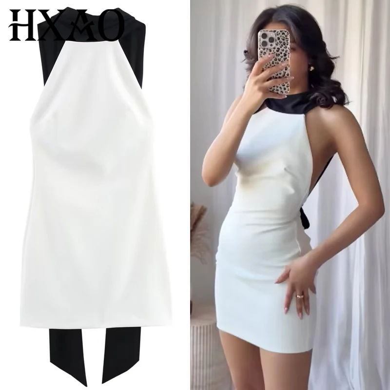 HXAO Abito bianco con scollo all'americana da donna Estate 2025 Donna Abiti corti sexy senza schienale Abito da compleanno senza maniche Patchwork Resort Vestido