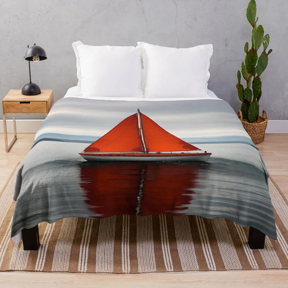 

Monochromatic Red Sailboat Coastal Scene Throw Blanket Thermal Summer Blankets For Sofas Blankets