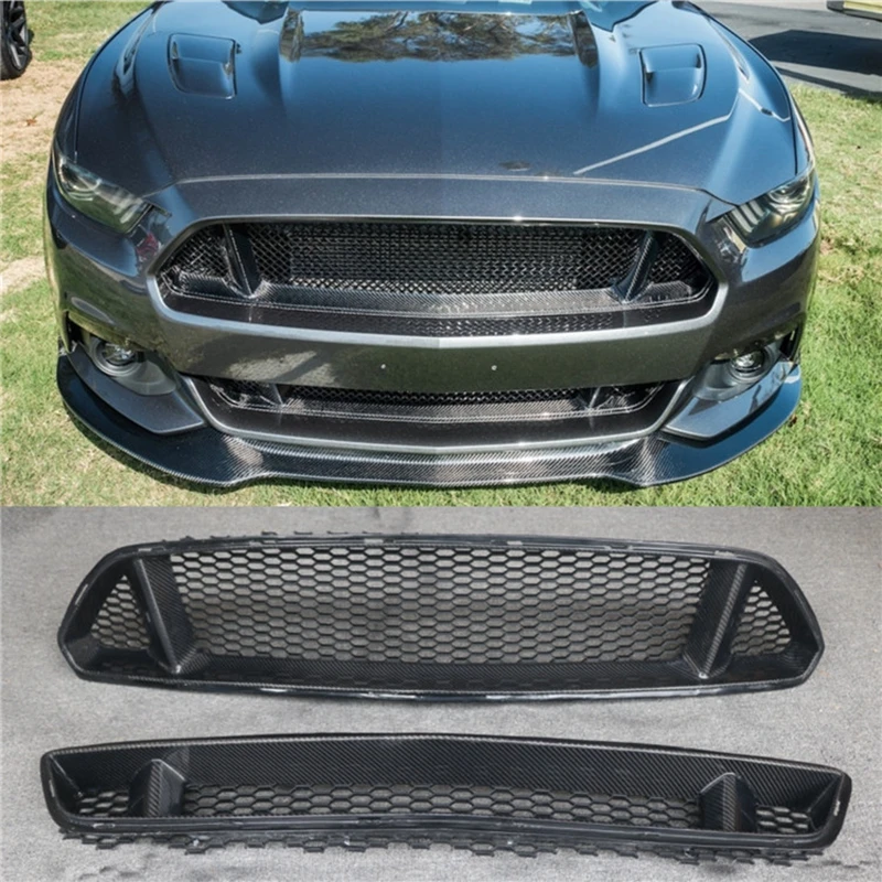 

Real Carbon Fiber Car Front Bumper Mesh Grille Grills For Ford Mustang 2015 2016 2017 Car Styling