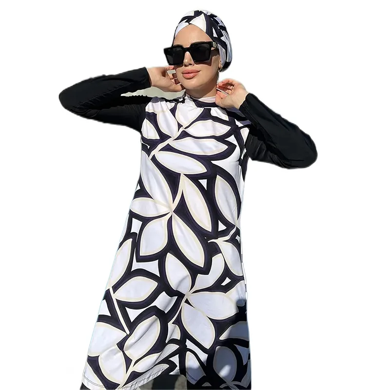 Middle East Dubai White Printed Long Sleeve Trousers Women's Conservative Swimsuit Three-piece Set