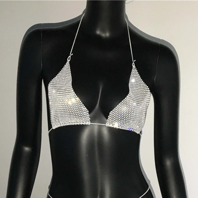 Sparkly Rhinestone Hollow Mesh Bra Crop Top For Women Sexy See Though Deep V Neck Backless Halter Tank Top Beach Party Camisole