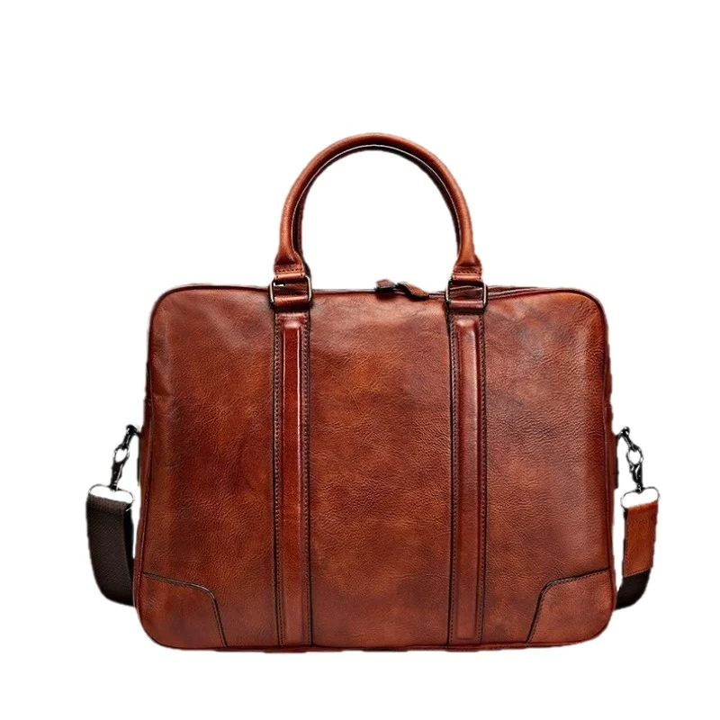Men's Large Capacity Leather Briefcase Padded Laptop Compartment Detachable Shoulder Strap Business Office