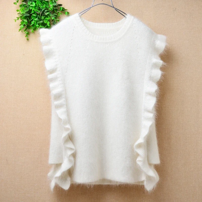 Fashion Ladies Women Spring Autumn Clothing Hairy Angora Rabbit Hair Knitted Sleeveless O-Neck Loose Pullover Sweater Vest Pull