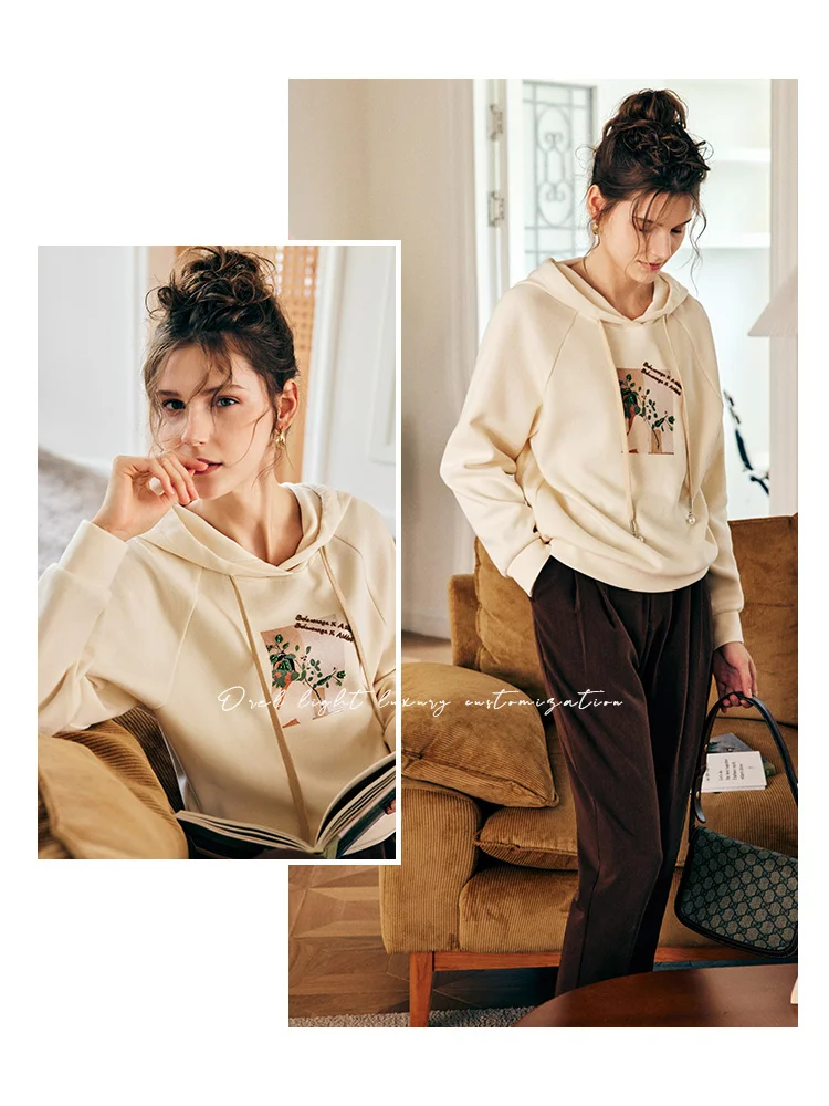 OLrain المرأة الجرافيك كم طويل هوديس 2025 الخريف الفرنسية المطبوعة البلوز عادية المتضخم مقنعين القمم الشارع الشهير O22QR65206