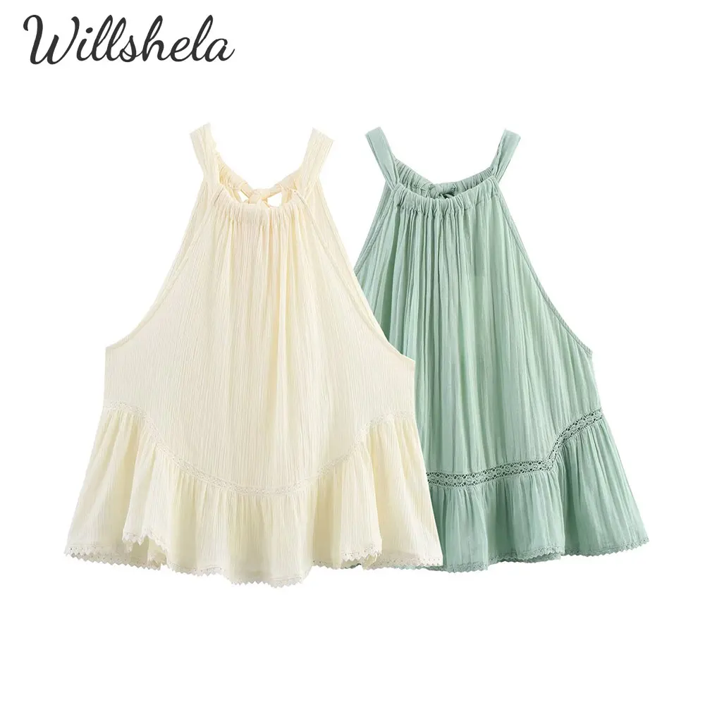 

Willshela Women Fashion Solid Pure Cotton Yarn Summer Camisole Halter Neck Sleeveless Female Chic Lady Casual Tops Tank