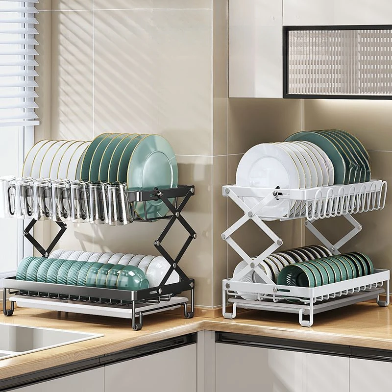 Foldable Dish Drying Rack Kitchen Countertop Organizer for Plates Bowls Cups Cutlery and Cutting Board Storage