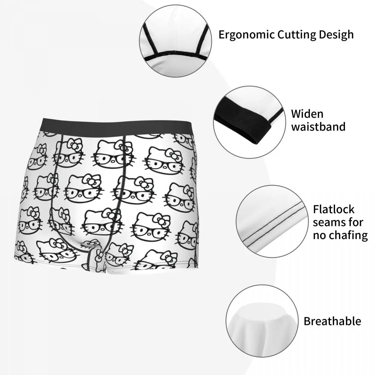 Men Hello Kitty Black And White Nerd Glasses Boxers Humorous Gifts Underwear Shorts Men's Boxer Briefs Quilt Underpants Cozy