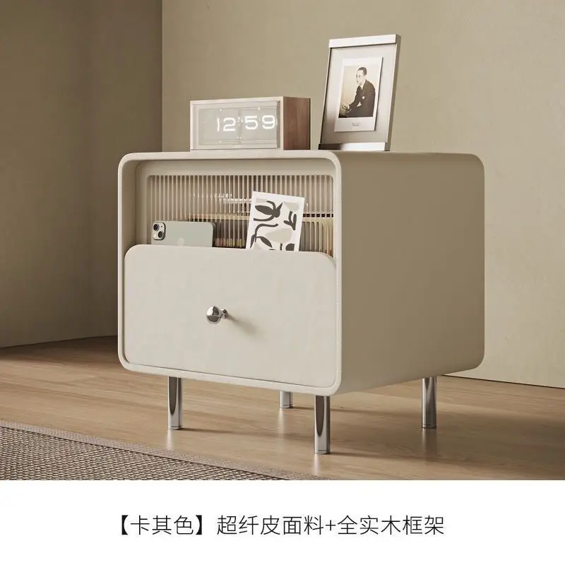 AOLIVIYA Bedroom Bedside Table Nightstand Sofa Side Storage Cabinet Cream Leather Solid Wood Italian French Modern