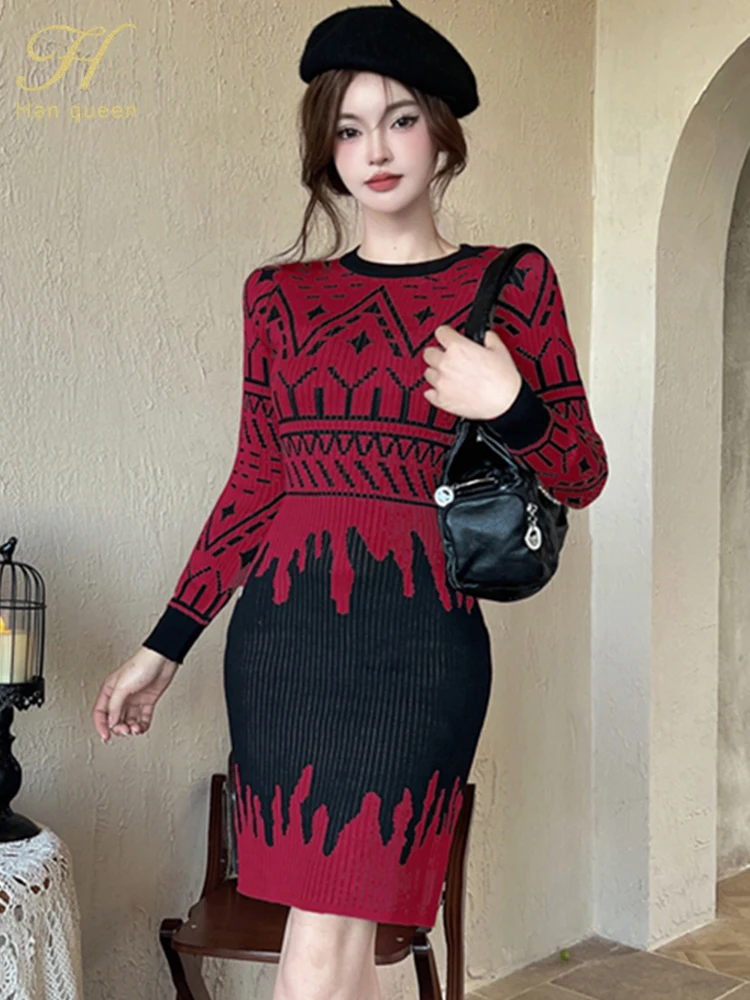 H Han Queen Geometric Pattern Knitted Dress Autumn Chic French Style Vintage Dress Elastic Women Bodycon Sheath Pencil Dresses