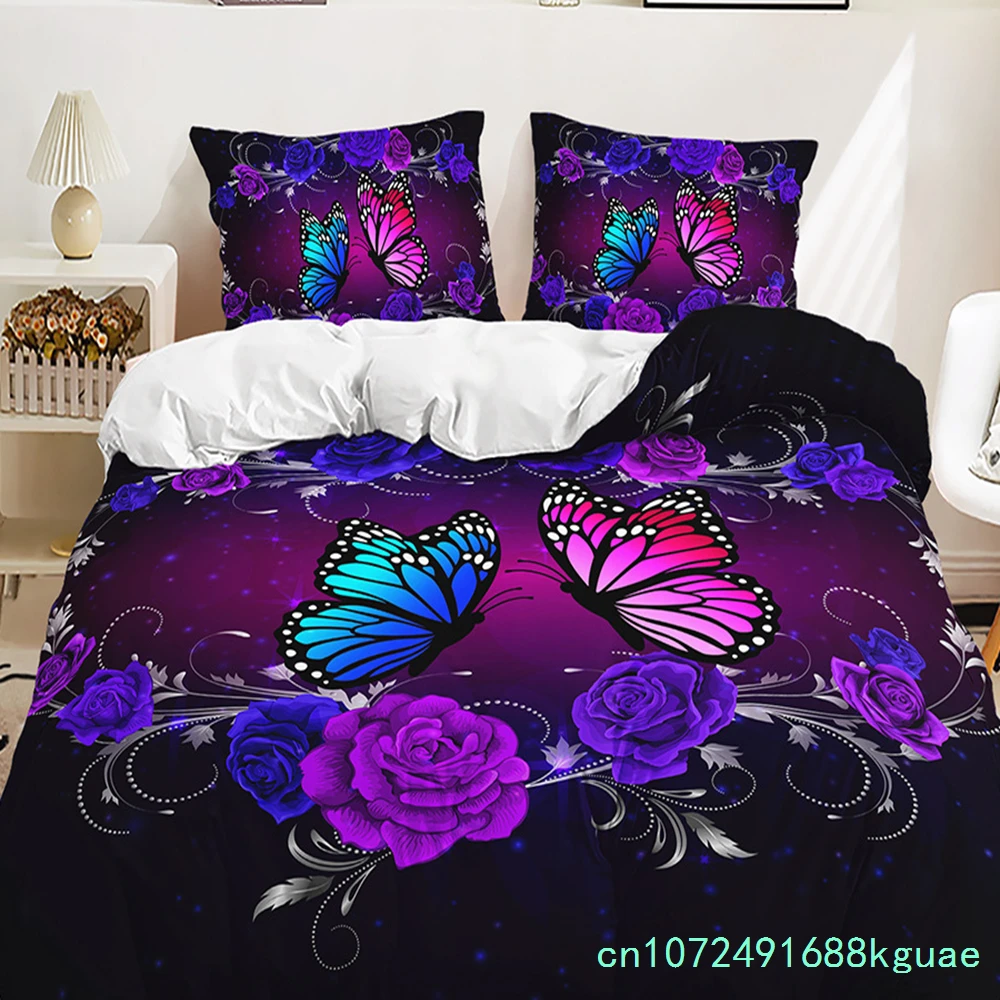 Purple Butterfly Rose Bedding Sets Fashion Duvet Cover Sets Twin Full Queen King Size Pillowcase For Kids Adult Gift Bed Linen