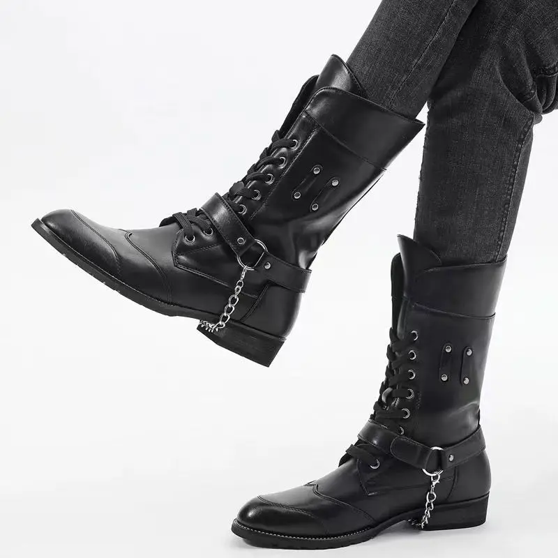 men fashion high motorcycle boots black original leather shoes brand designer autumn winter boot stage nightclub knight botas