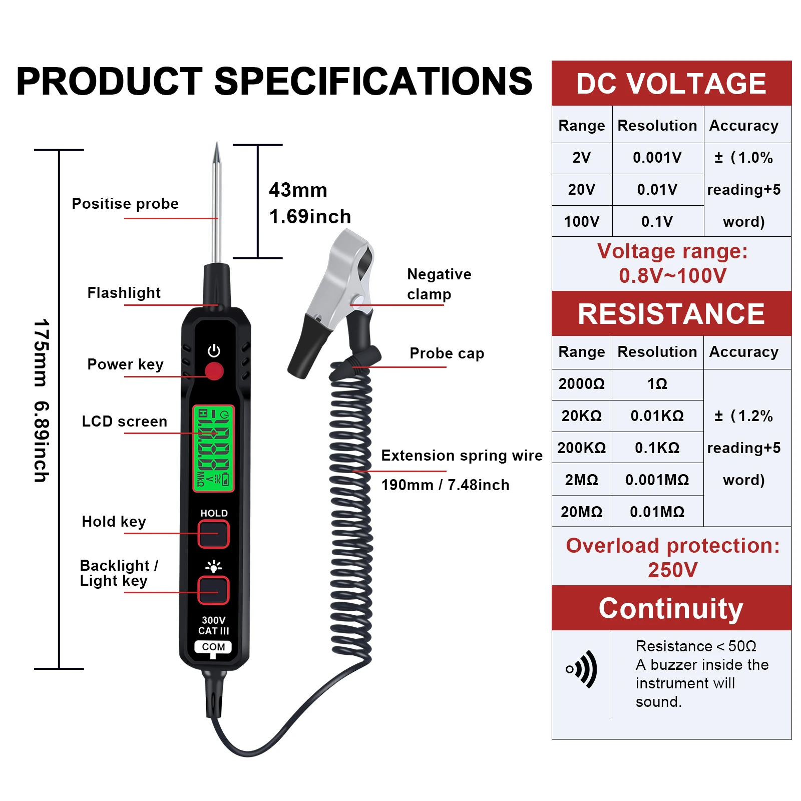 Xin Tester 100V Pen Type Car Voltage Detector Smart Non-Contact Adjustable DC Voltage Backlight Tester XT86A