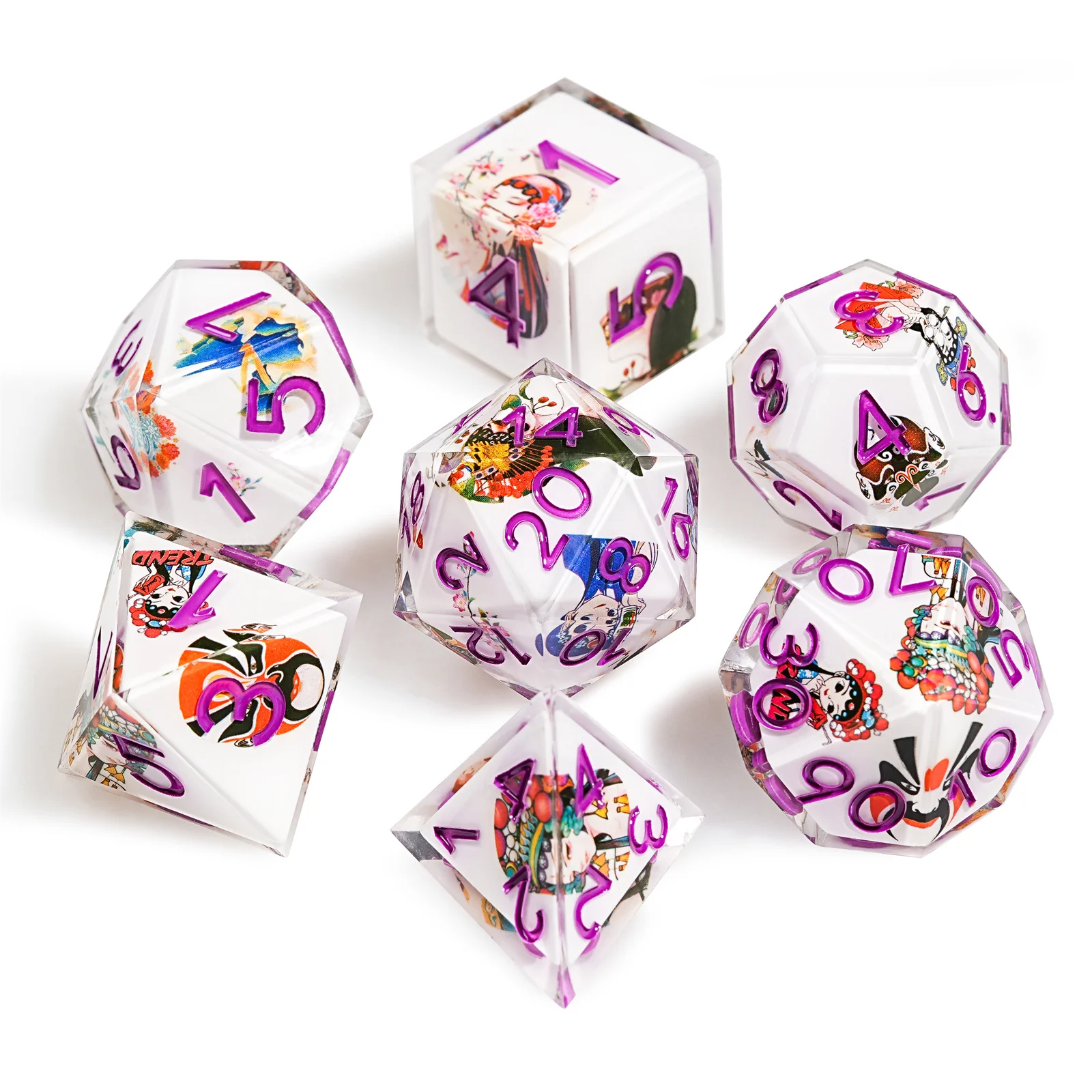 

1-7 шт., белые кости из смолы в Пекинской оперы, фиолетовые кости из смолы, многогранные кости для D&D Game COC, ролевой игровой ролевой игры, стол D6 ~ D20